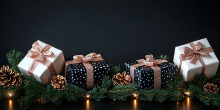 Elegant Christmas Presents, Ornaments, And Pine Branches On Dark Background With Copy Spaceの素材