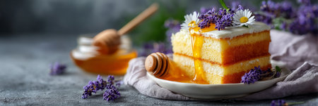 Lavender Honey Cake Slice with Honeycomb and Lavender on a Plate, Against a Rustic Backgroundの素材