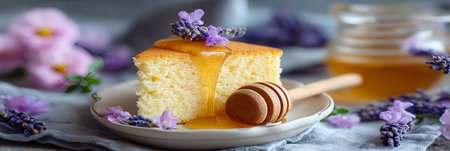 Slice of Lavender Honey Cake with Honey Drizzle, Aromatic Lavender Sprigs, Culinary Delightの素材
