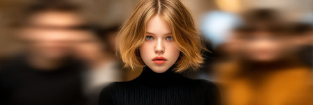 Stylish Young Woman with Blonde Bob Haircut in Blurred Shopping Center, Background with Copy Spaceの素材