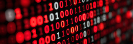Red Digital Binary Code Data Flow on Computer Screen, Abstract Information Technology Backgroundの素材