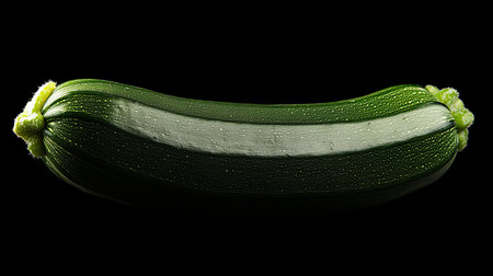 Fresh, Vibrant Green Zucchini Isolated on Black, Showcasing Shiny Skin and Unique White Stripeの素材