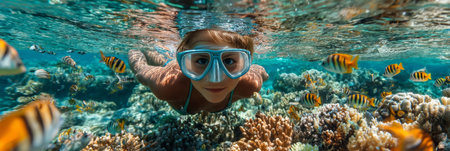 Young Girl Explores Underwater World, Snorkeling with Tropical Fish Amongst Vibrant Coral Reefの素材