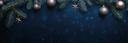 Christmas Banner With Pine Tree Branches Decorated With Iridescent Star And Silver Balls On Blueの素材