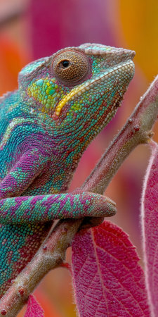 Vivid Chameleon Camouflaged Against Blurred Bokeh Background, Closeup of Colorful Reptileの素材