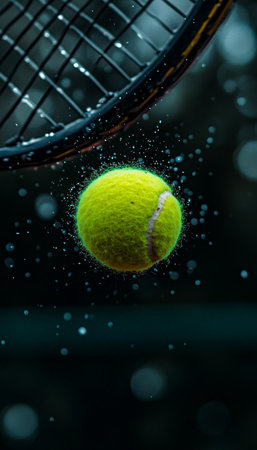 Tennis Ball in Motion, Captured Mid-Air After Impact From Racket. Dynamic Sports Photography.の素材