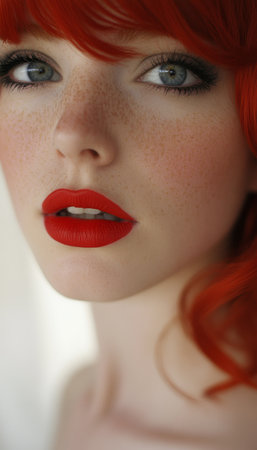 Confident Gaze, Beautiful Redhead with Freckles and Vivid Red Lips, Portrait on Defocused Backgroundの素材