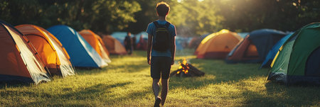 Man Enjoys Sunrise Views at a Summer Campsite, Natural Light. Camping and Recreation Concept.の素材