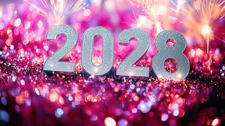 Silver 2028 Numbers on Sparkling Pink Glitter with Fireworks for New Year s Eve Celebrationの素材