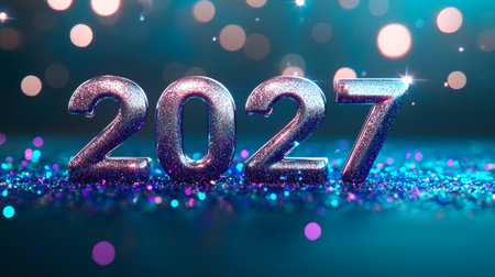 2027 Sparkling New Year Celebration on a Turquoise Blue Background with Bokeh and Glitterの素材