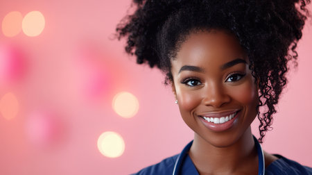 Portrait Of A Confident Young Female Medical Professional Smiling Against A Pink Bokeh Background.の素材