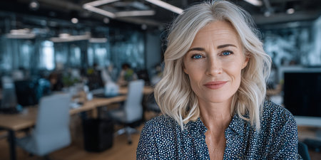Confident Senior Businesswoman in a Modern Office A Portrait of Maturity, Success, and Leadershipの素材