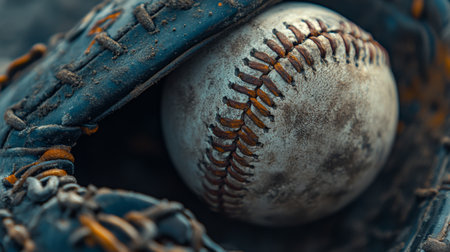 Close-Up, Worn Leather Baseball Glove, Gripping Grunge Ball, Blurred Background, Copy Space.の素材