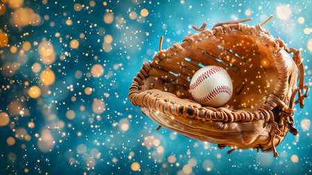 Baseball Glove Catching Ball, Sports Equipment Close-Up With Copy Space On Blue Defocused Backgroundの素材