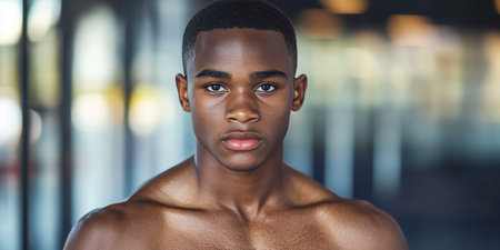 Portrait Of A Determined Young Black Man With Focused Look, Posing In A Blurred Gym Settingの素材