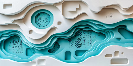 Abstract Teal and White Layered Paper Cutout Art Background, Nature Inspired Design Styleの素材