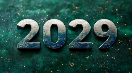 Silver Metallic Number 2029 on Sparkling Emerald Green Background with Defocused Effectの素材