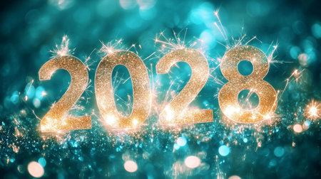 New Year 2028 Sparkling Greeting Card Teal Celebration Background With Fireworks And Glitterの素材
