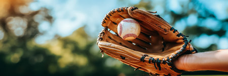 Close up of a leather baseball glove catching a ball, blurred natural background with copy space.の素材