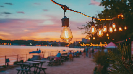 Golden Hour Celebration by the Lake Vintage String Lights Illuminate a Lively Outdoor Gatheringの素材