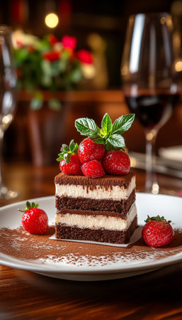 Delicious Tiramisu Slice Garnished with Fresh Strawberries on White Plate, Classic Italian Dessertの素材