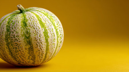Fresh Green and White Melon on a Bright Yellow Background, Ideal for Healthy Eating Visuals.の素材