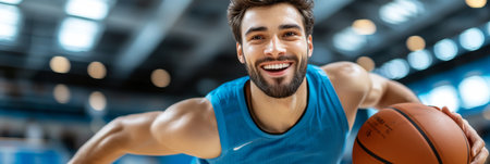 Male Basketball Player Smiling With Ball In Hand Close-up, Blurred Background With Copy Spaceの素材
