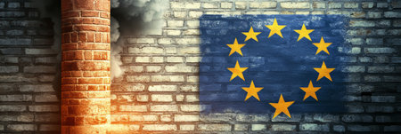 Grunge Background, European Union Flag On Brick Wall, Industrial Smokestack With Smoke.の素材