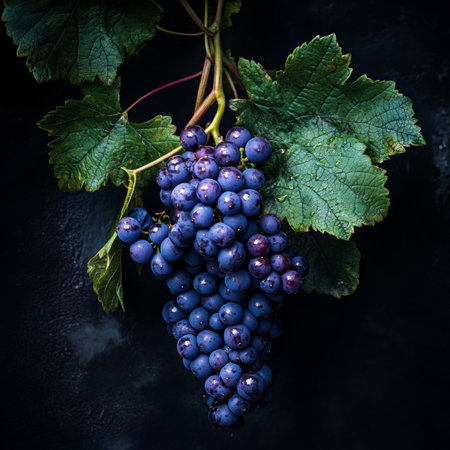 Bunch Of Fresh, Ripe Purple Grapes With Green Leaves. Dark Food Photography On Black Background.の素材