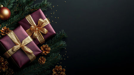 Elegant Christmas Presents, Pine Branches, And Golden Decorations On Black Backgroundの素材