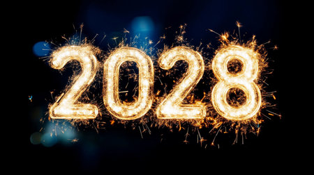 New Year Celebration With Golden Sparkler Number 2028 Against A Festive Bokeh Backgroundの素材