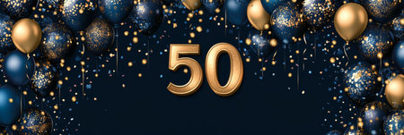 Golden Number 50 With Blue Birthday Balloons And Confetti Perfect For Fifty Birthday Celebrationsの素材