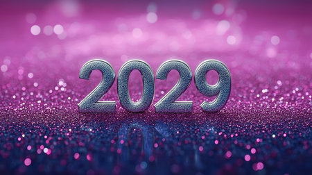 Silver 2029 Against a Sparkling Magenta Background, Ideal for New Year Celebrations and Festivitiesの素材