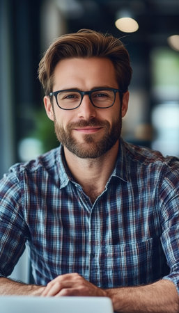 Confident Young Professional Sitting at Desk with Laptop, a Modern Workplace Portraitの素材