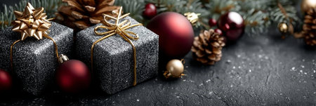 Elegant Silver Christmas Decorations, Gifts, Pine Cones and Red Ornaments on Dark Background, Bannerの素材
