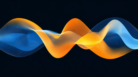 Abstract Flowing Blue and Orange Wavy Lines on a Dark Background, Representing Movement and Energyの素材