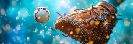 Baseball Glove Catching a Fly Ball on Blurred Defocused Background, Copy Space Sporting Action shotの素材