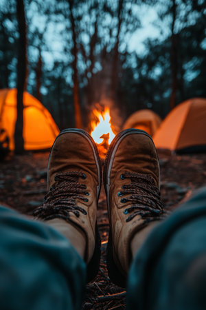 Relaxing Evening, Man s Point Of View Resting by Campfire, Camping Adventure Concept.の素材