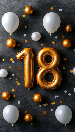 Golden Number 18 Balloons, White Balloons, Gold And White Confetti On Black Backgroundの素材