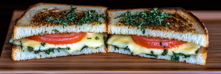 Golden Toasted Grilled Cheese Sandwich, With Melted Cheese, Fresh Tomato Slices, and Herbsの素材