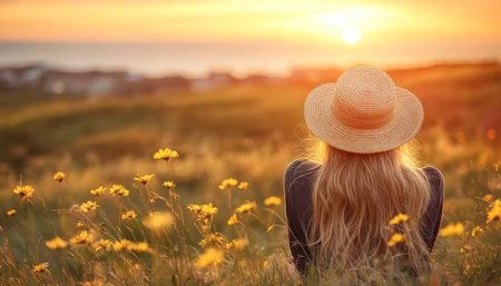 Woman in Straw Hat Enjoying Sunset over Meadow Tranquil Summer Scene with Copy Spaceの素材