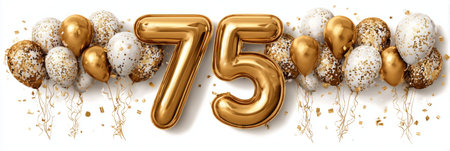 Golden Number 75 Balloons for Birthday, Anniversary, Concept Greeting Card on White, 3Dの素材