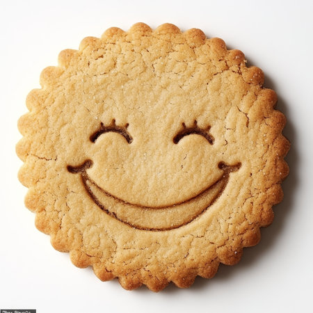 Smiling Face Sweet Homemade Cookie Decoration Isolated on A White Background. Top Viewの素材