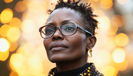 Confident and Stylish Black Woman with Glasses Against a Sparkling Golden Bokeh Background.の素材