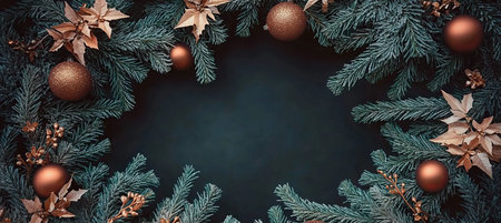 Christmas Holiday Background, Festive Frame of Fir Branches With Golden Baubles And Spruce Twigsの素材