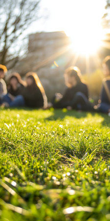 Group of Friends Relaxing Together on Lush Green Grass During a Sunny Day in the City Park.の素材