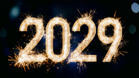 Sparkling New Year 2029 Celebration, Golden Fireworks on Black Background with Bokeh Lightsの素材