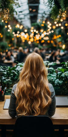 Young Woman Working Remotely Outdoors Amidst Green Plants and City Lights Blur Backgroundの素材