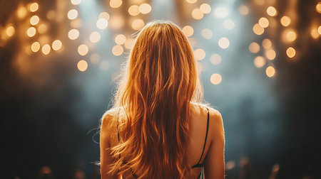 Woman with long red hair at music concert, blurred stage lights and crowd, copy spaceの素材