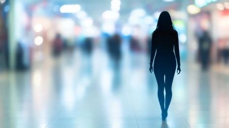 Silhouette Of Woman Walking, Modern Shopping Mall Interior Defocused Background, Copy Spaceの素材